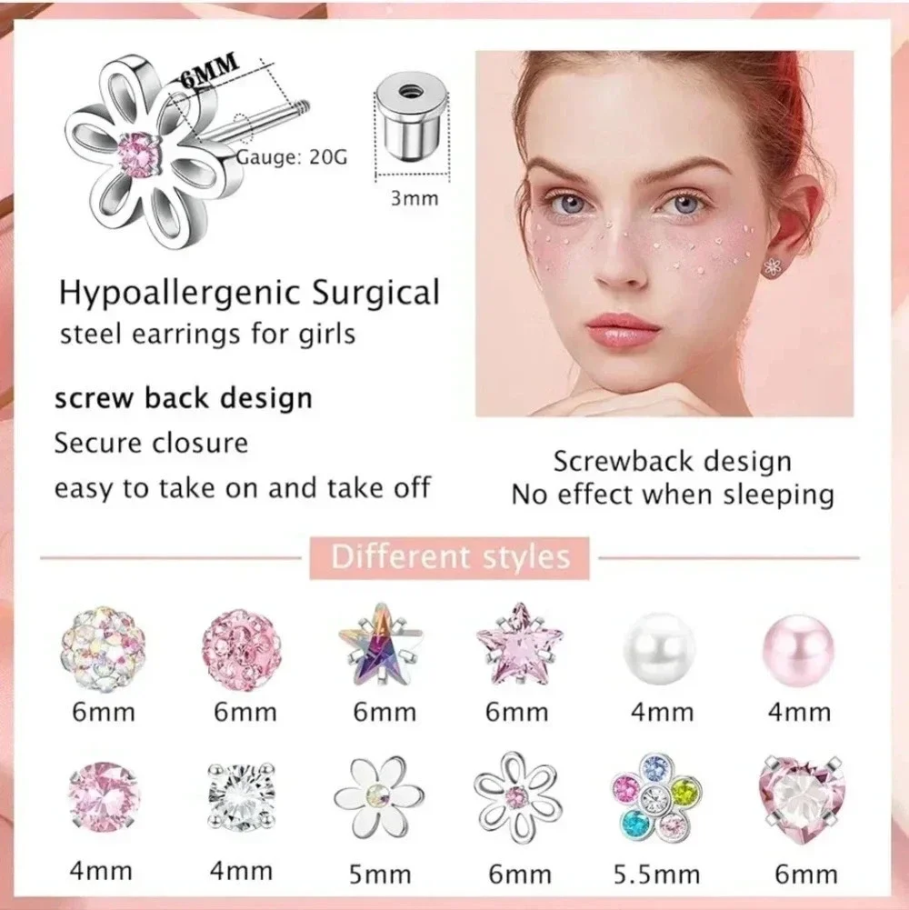12Pairs Hypoallergenic Earrings for Girls Women Surgical Steel Screw Back Earrin
